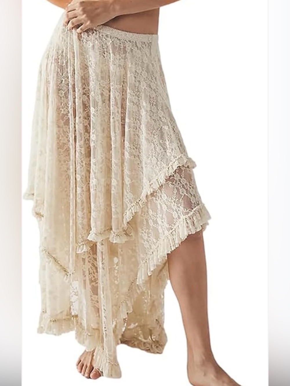 Bluivy Cream Lace High-Low Ruffle Skirt-Large